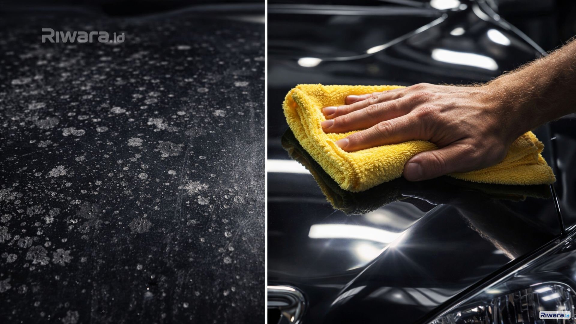 Ilustrasi perbandingan kondisi cat mobil sebelum dan sesudah dibersihkan dari jamur.